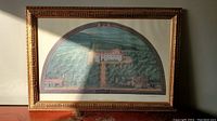 Full view of the framed print showing Villa La Magia in demi lune shape with intricate landscape and villa building