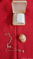Opened jewelry box with 18k gold-plated chain and coral cameo brooch/pendant displayed on red cloth