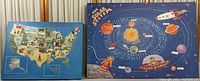 Two educational children's prints side by side: US map on left and solar system on right.