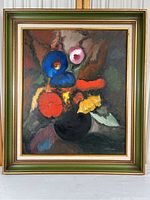 Full view of the original floral oil painting in decorative frame