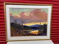 Frontal view of framed painting 'Haliburton Nightfall' by Brian M. Atyeo showing entire composition.