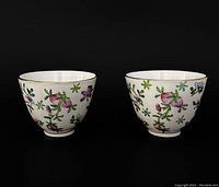Two small famille rose cups decorated with hand-painted flowers and fruits shown side by side on a black background.