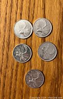 Five Canadian quarters showing reverse with caribou design