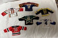 Six mini hockey jerseys laid out on a surface, visible team colors, names, and numbers