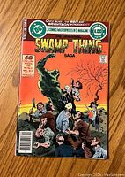 Front cover of The Original Swamp Thing Saga comic from 1979 showing Swamp Thing rising with people around him and vibrant orange background.