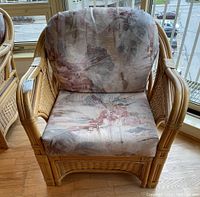 Front view of the rattan armchair showing cushioned seat and backrest with patterned upholstery.