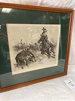 Framed black and white art print showing the full image of cowboys and horses working cattle.