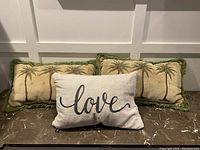 Three pillows arranged with two palm tree pillows and one love pillow in front, showing design and overall condition