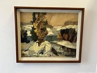 Full front view of framed oil painting showing snowy landscape scene