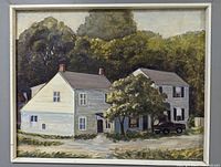 Frontal view of the entire framed oil painting showing a two-story white house with a brown car and trees in the background.