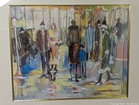 Close-up photo of the art print showing the street scene with people, a dog, and umbrellas with muted pastel color tones.