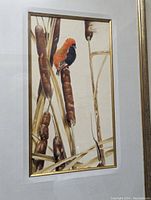 Close-up of bird and cattails in watercolour