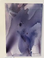 Full view of abstract acrylic painting in purple tones on canvas, signed by Geoffrey Armstrong in bottom right.