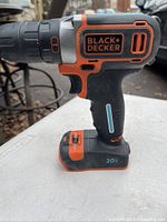 Side view of the Black & Decker 20V cordless drill highlighting the brand and 20V battery mark.