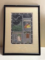 Full front view of vintage Indian framed painting showing entire artwork and frame.