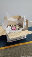 Photo of box containing a large amount of jewelry inside a plastic bag.