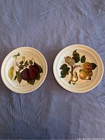 Photo showing two Portmeirion ceramic dishes with botanical fruit prints, one with plums and one with yellow apples.