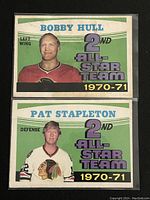 Front of both hockey cards showing Bobby Hull and Pat Stapleton in Chicago Black Hawks jerseys with 2nd All-Star Team 1970-71 designation.