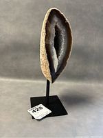 Front view of the geode displaying the crystal interior and stand