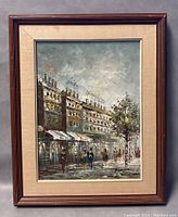 Front view of the framed painting showing the full artwork and wooden frame with matting.