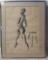 Frontal photo of the watercolor painting showing the figure and stool subject in muted shades with signature visible.