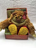 Front view of Bigsby plush toy sitting in original box packaging. Visible toy's furry body, large eyes, nose, ears, and colorful feet with letter B.