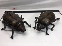 Pair of brass beetle sculptures shown side by side on a white background.