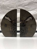 Front polished faces of the two bookends showing internal chambers and crystalline formations of the fossil ammonite, dark and glossy