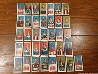 Top side of the 36 hockey cards laid out in rows showing colored portraits of various players in different hockey uniforms.