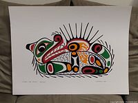 Front view of the signed First Nations artwork depicting a sea otter with traditional formline art style in vibrant colors on white background.
