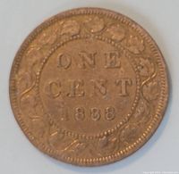 Reverse of 1888 Canadian penny with denomination and date under decorative border.