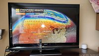 Sony 55 inch TV mounted or placed against wall, screen displaying weather map. Remote control on stand below TV.