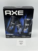 Front view of Axe Phoenix gift set showing the three included products in black and blue packaging.
