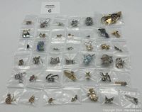 Photo showing 41 pairs of assorted earrings in separate plastic bags on white background, various metal tones, stones, pearls, and designs visible.