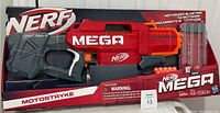 Front view of the Nerf Mega Motostryke blaster in original packaging showcasing the product and branding.