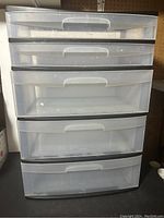 Front view of the Sterilite 5 drawer plastic storage tower showing all drawers closed.