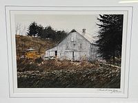 Close-up of the print image showing the barn and surroundings, highlighting the artistic style and detail.