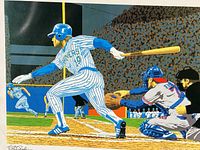 Close-up photo of the print showing a Milwaukee Brewers player batting and running towards first base, catcher and umpire behind home plate, signed by Rick Rush.