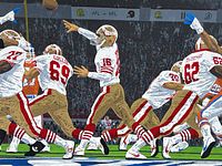 Close-up of the San Francisco 49ers football action scene showing player details and football mid-air.