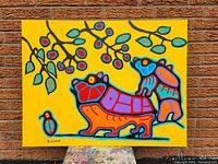 Full front view of framed painting against brick wall