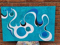 Original abstract acrylic painting on stretched canvas, featuring blue and teal swirling shapes and circles on turquoise background, signed on lower right