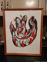 Full view of original framed acrylic painting by Don Chase showing Native American family in stylized black, red and white abstract forms.