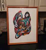 Framed original acrylic painting by Don Chase titled 'Grandmother and Granddaughter'. Abstract depiction of two figures with colorful interlocking shapes.