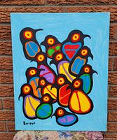 Front view of stretched canvas painting with abstract multicolored figures on light blue background