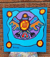 Full front view of the 24×24 inch painting showing stylized Thunderbird motif against a turquoise background, signed 'Burrows' in lower left.