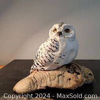 Front view of white pottery owl sculpture perched on wood base showing detailed feather markings.