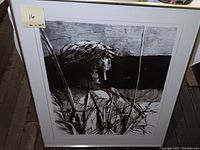 Full view of the framed lithograph portrait showing the entire artwork and the white frame with matting. A yellow note indicating dimensions 26 x 32.5 inches is attached.