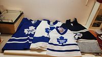 Four items are laid out on a surface: three Toronto Maple Leafs kids hockey jerseys and one sweater. Jerseys are in blue and white colors, featuring team logos.