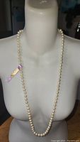 Full length view of cultured pearl necklace on display bust