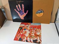 Two George Harrison vinyl records shown, one with a cover featuring a pink hand and another with detailed chariot artwork, sleeves and records visible.